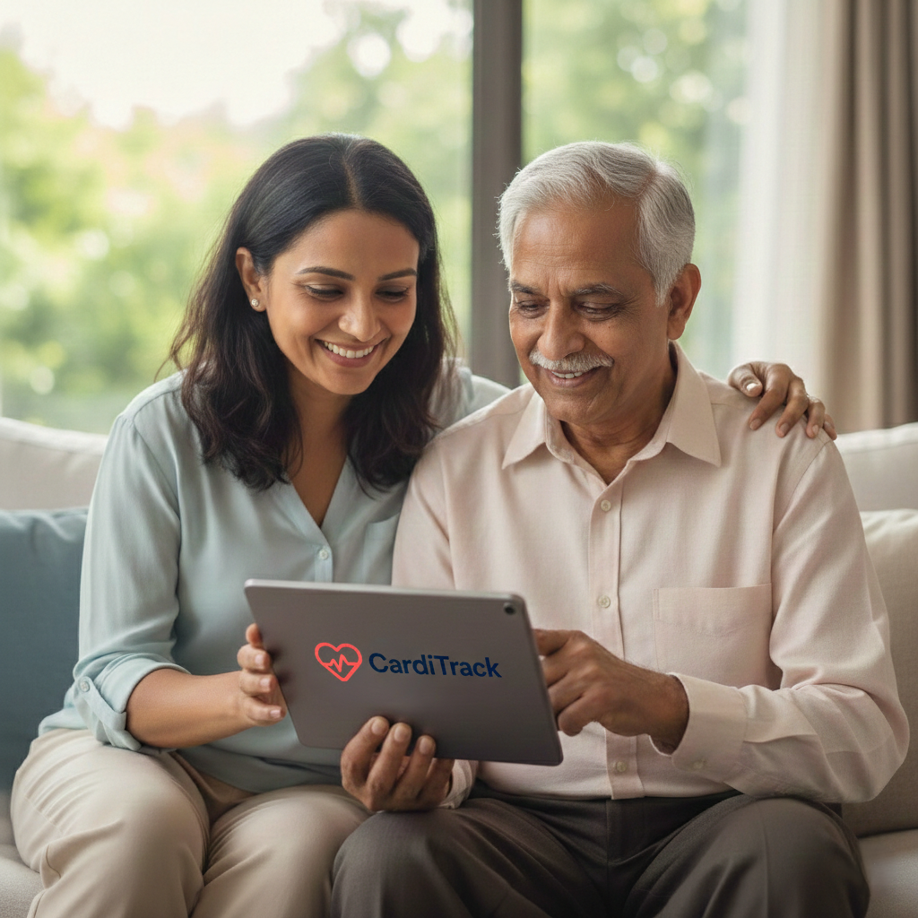 Caregiver and elderly parent reviewing health data